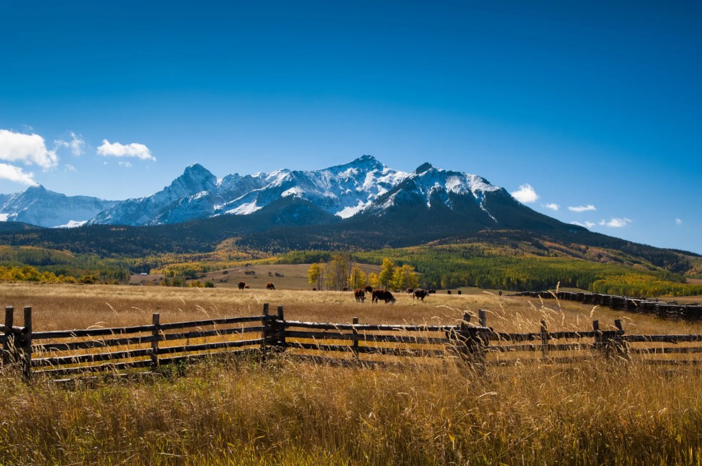 A Colorado ranch with snowy mountains in the background